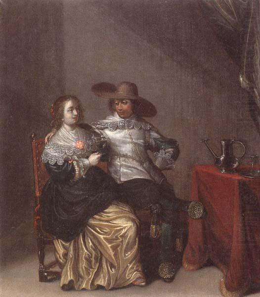 Laurentius de Neter An interior with a soldier makng advances to a lady,deside a table draped with a red cloth,with a pewther jug and an upturned roemer on a pewter dish china oil painting image